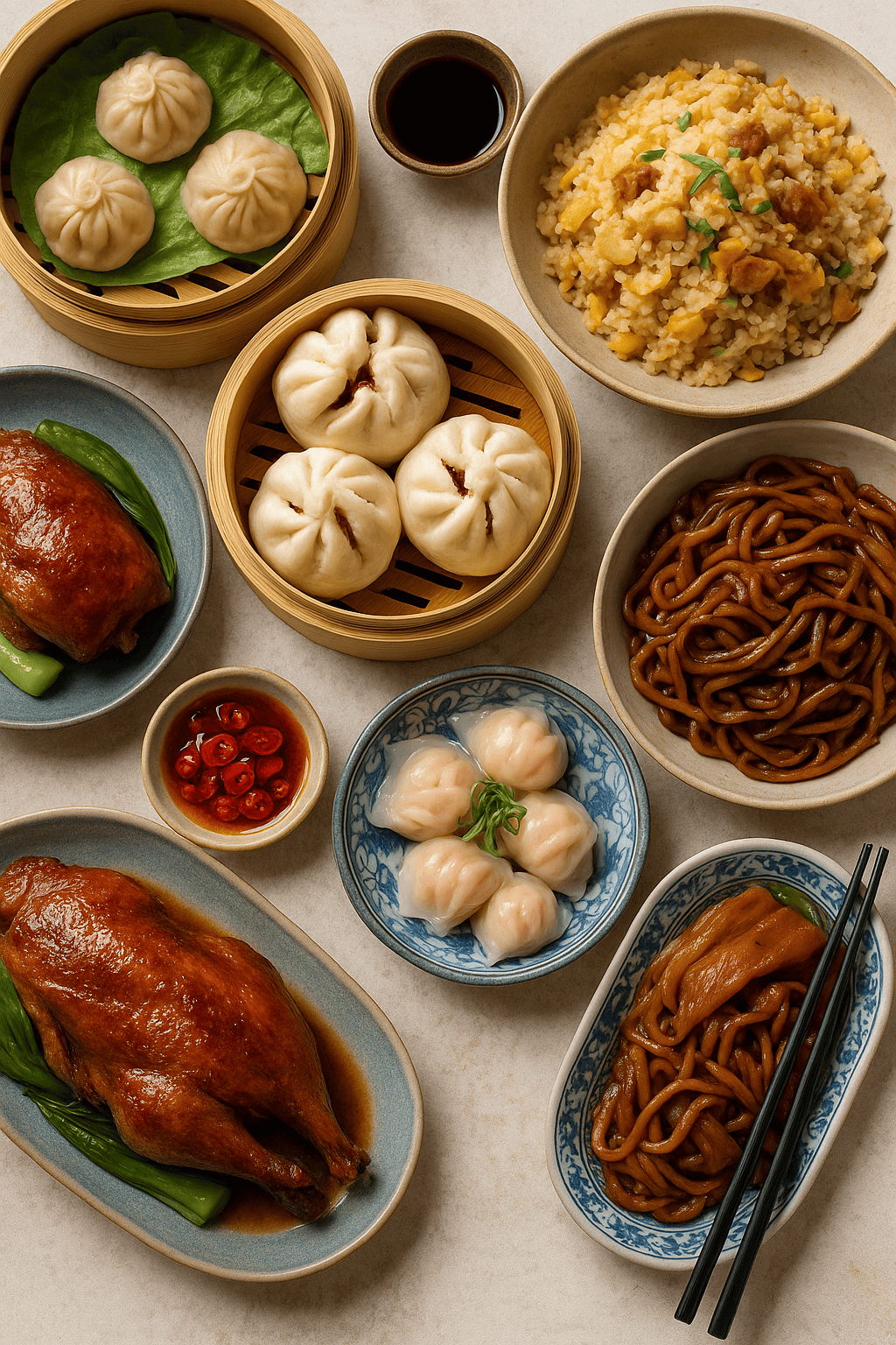 An assortment of traditional Hong Kong Chinese dishes including roasted duck, dim sum, char siu bao, noodles, and fried rice displayed on ceramic plates.