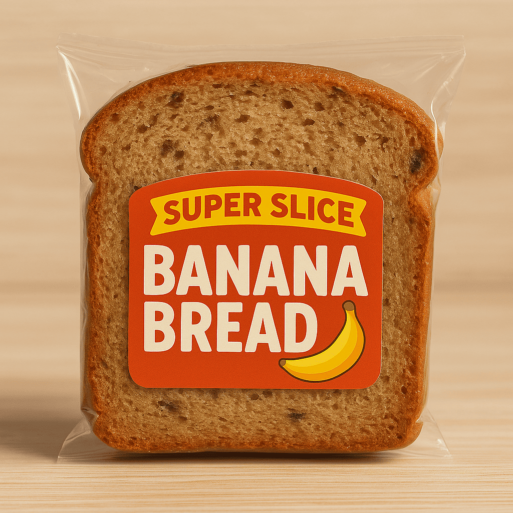Packaged slice of Super Slice Banana Bread with visible moist texture and a bold red label showing "Super Slice Banana Bread" and a banana icon.