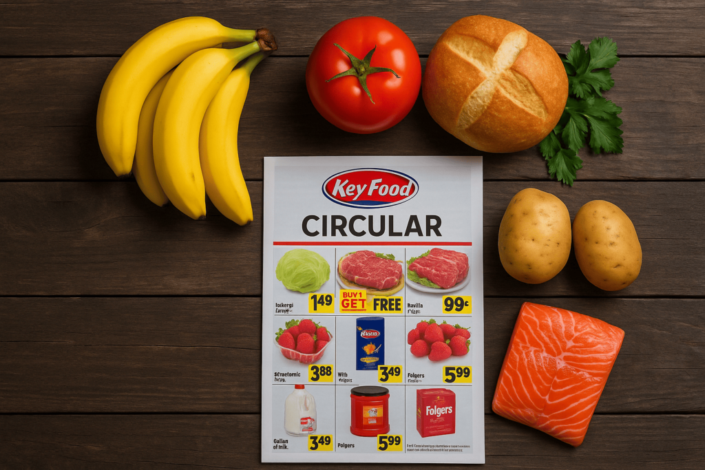 Flat lay of grocery items including bananas, salmon, bread, potatoes, and a Key Food circular flyer on a wooden table, highlighting weekly supermarket deals.