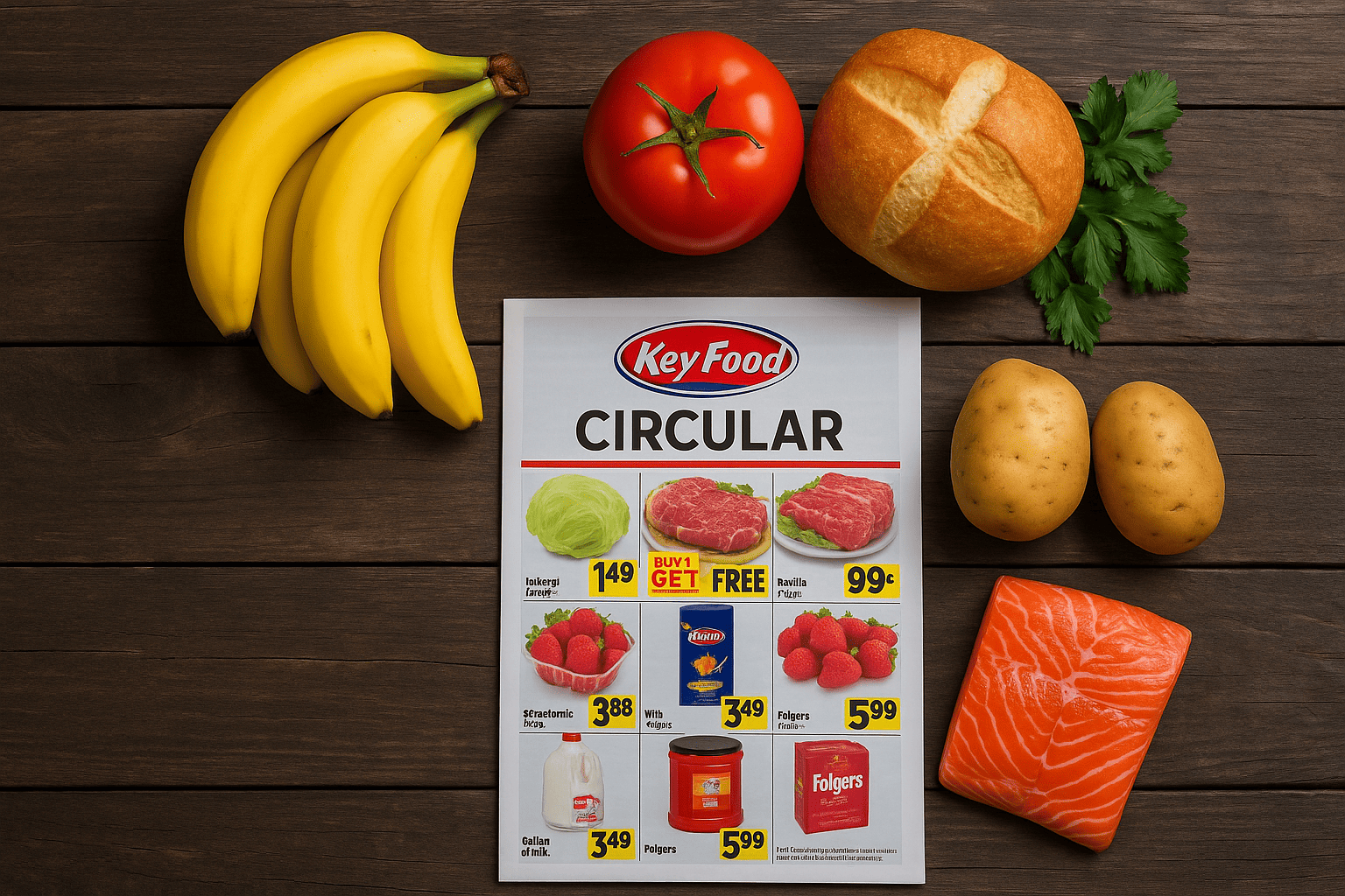 Flat lay of grocery items including bananas, salmon, bread, potatoes, and a Key Food circular flyer on a wooden table, highlighting weekly supermarket deals.